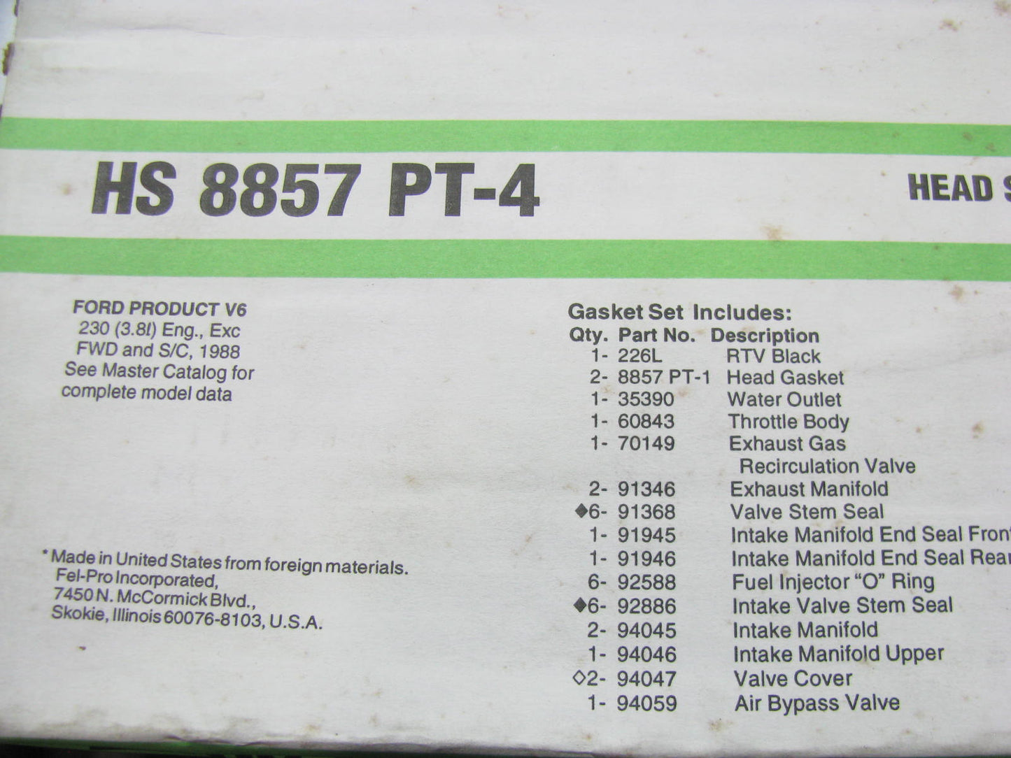Fel-pro HS8857PT4 Cylinder Head Gasket Set For 1988 Thunderbird Cougar 3.8L-V6