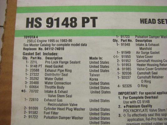 Fel-pro HS9148PT Cylinder Head Gasket Set for 1983-1986 Toyota 2.0L