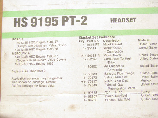 Fel-pro HS9195PT2 Cylinder Head Gasket Set For 1985-1988 Ford 2.3L 2.5L-L4