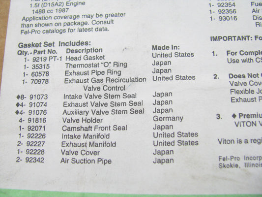 Fel-pro HS9219PT1 Cylinder Head Gasket Set - 1984-1987 Honda Civic 1.3L 1.5L