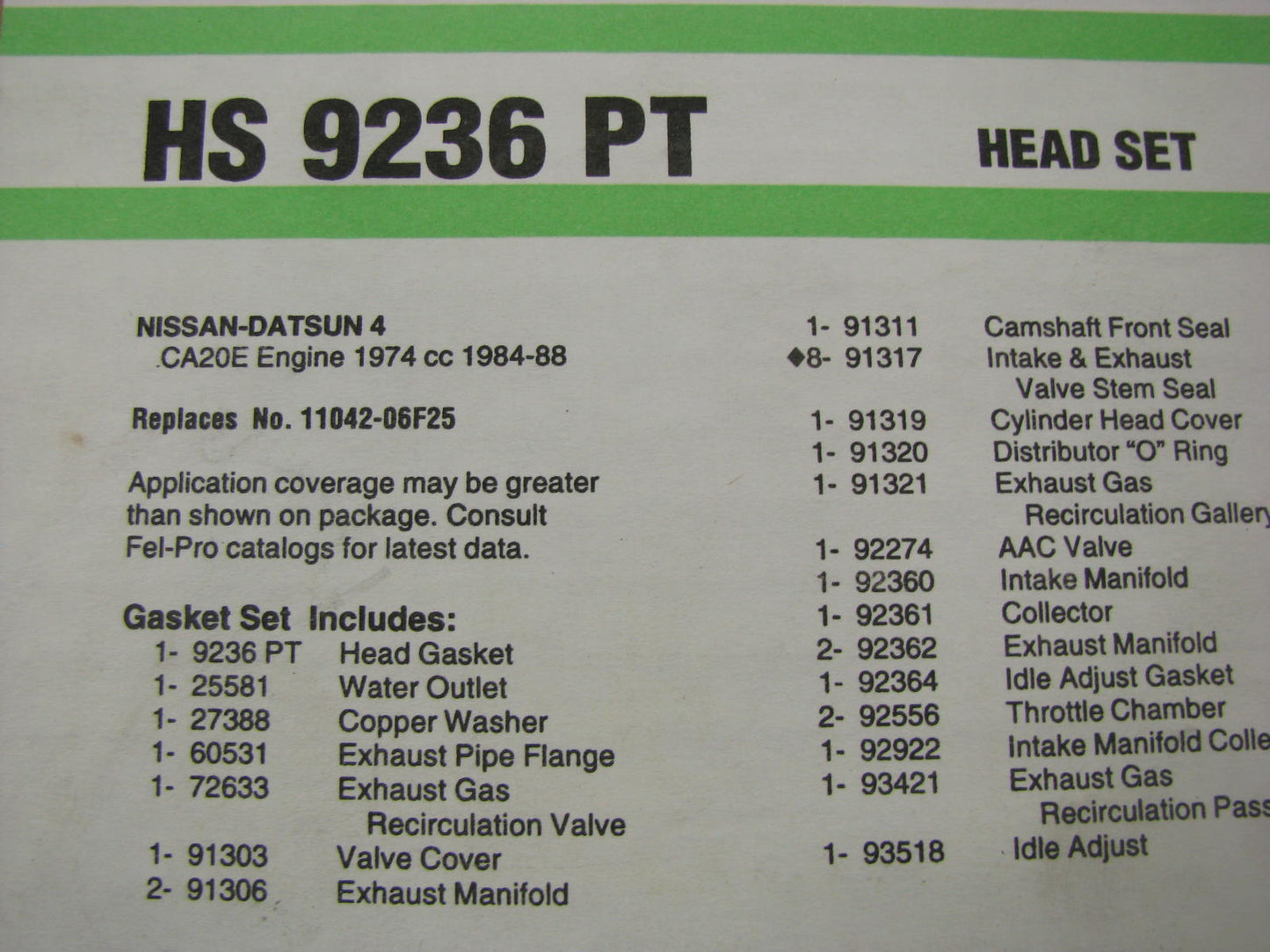 Fel-pro HS9236PT Cylinder Head Gasket Set For 1984-1988 Nissan 200SX 2.0L CA20E