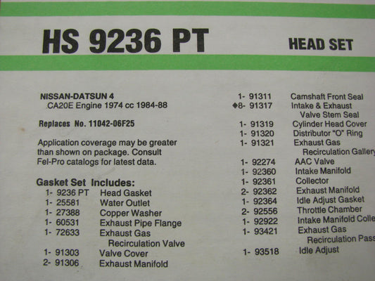 Fel-pro HS9236PT Cylinder Head Gasket Set For 1984-1988 Nissan 200SX 2.0L CA20E