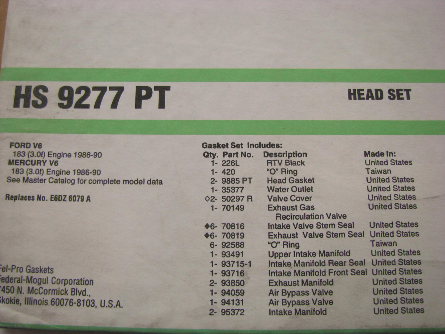 FEL-PRO HS9277PT Cylinder Head Gasket Set 86-90 Taurus Sable 3.0L V6 OHV VULCAN
