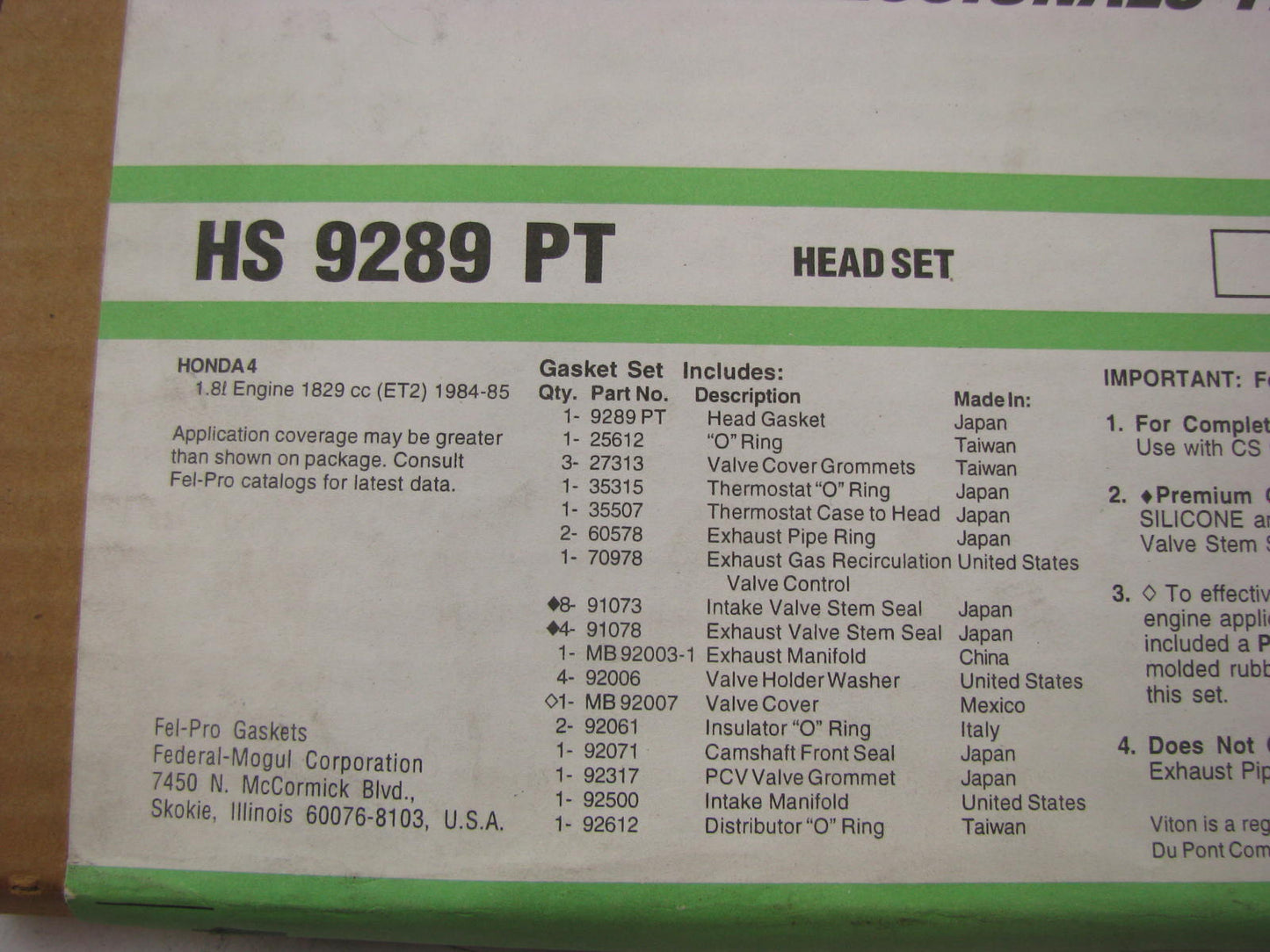 FEL-PRO HS9289PT Cylinder Head Gasket Set - 1984-1985 Honda Prelude 1.8L L4