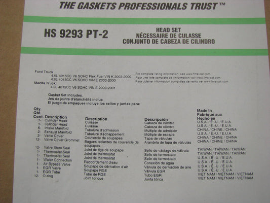 FEL-PRO HS9293PT-2 Cylinder Head Gasket Set - 2000-2003 Ford 4.0L V6 SOHC
