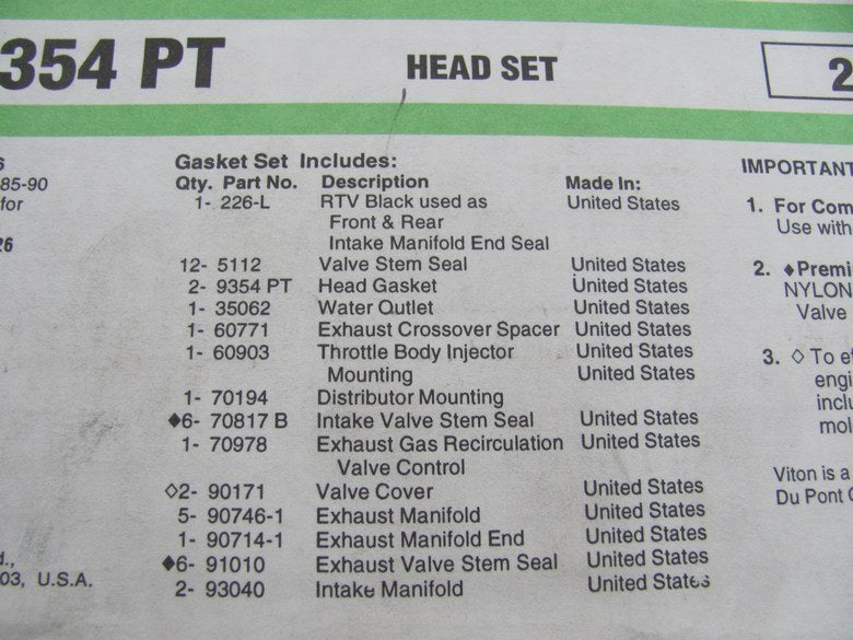 Fel-Pro HS9354PT Cylinder Head Gasket Set 85-89 Chevy GMC 4.3L V6 TRUCK & VAN