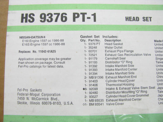 Fel-pro HS9376PT1 Cylinder Head Gasket Set For 1986-1988 Nissan Sentra 1.6L