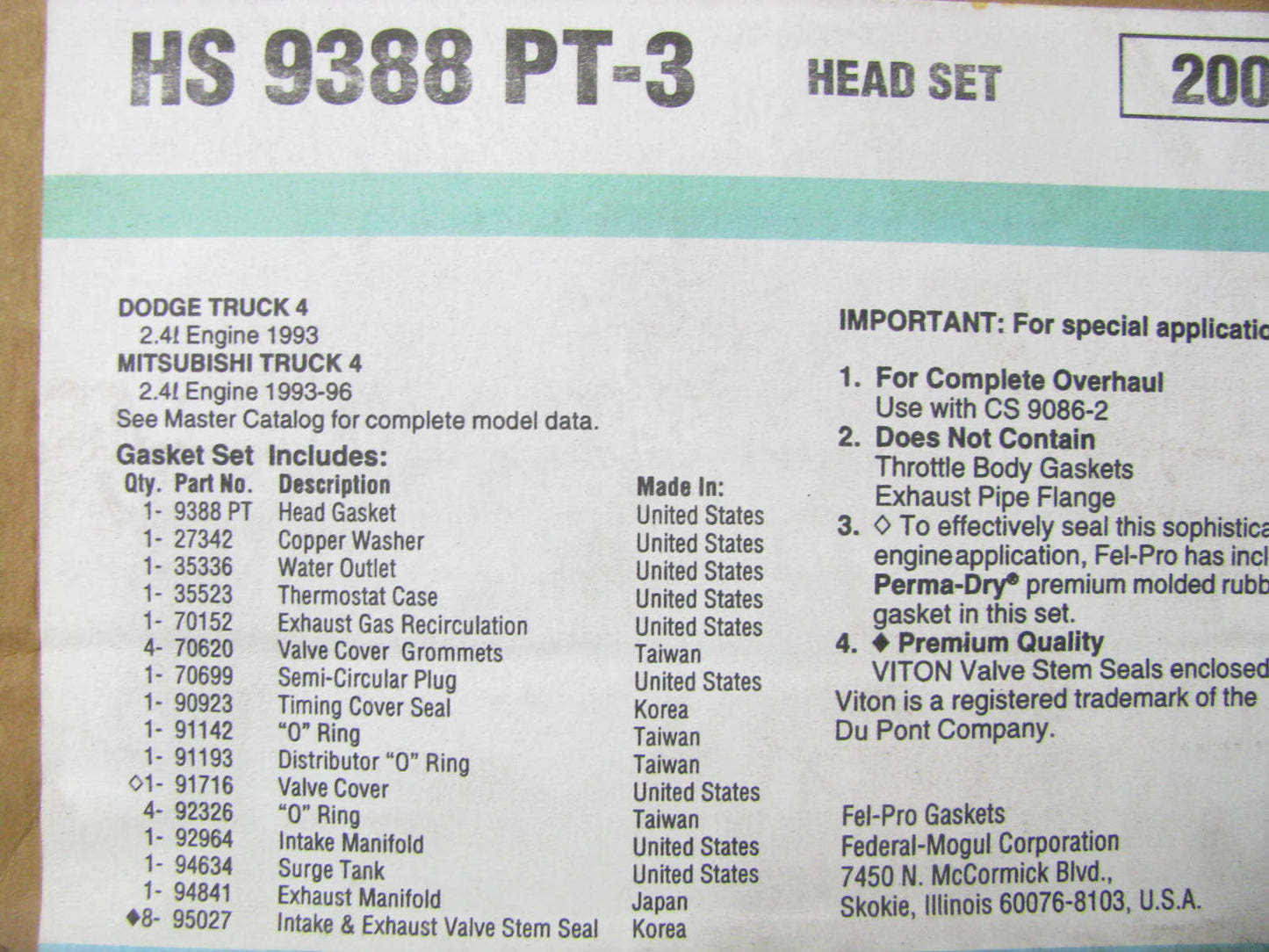 Fel-pro HS9388PT3 Engine Cylinder Head Gasket Set 1993-1996 Mitsubishi 2.4L-L4