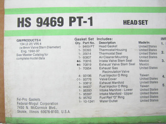 Fel-Pro HS9469PT1 Cylinder Head Gasket Set 1992-93 Chevrolet Oldsmobile 2.2L I4
