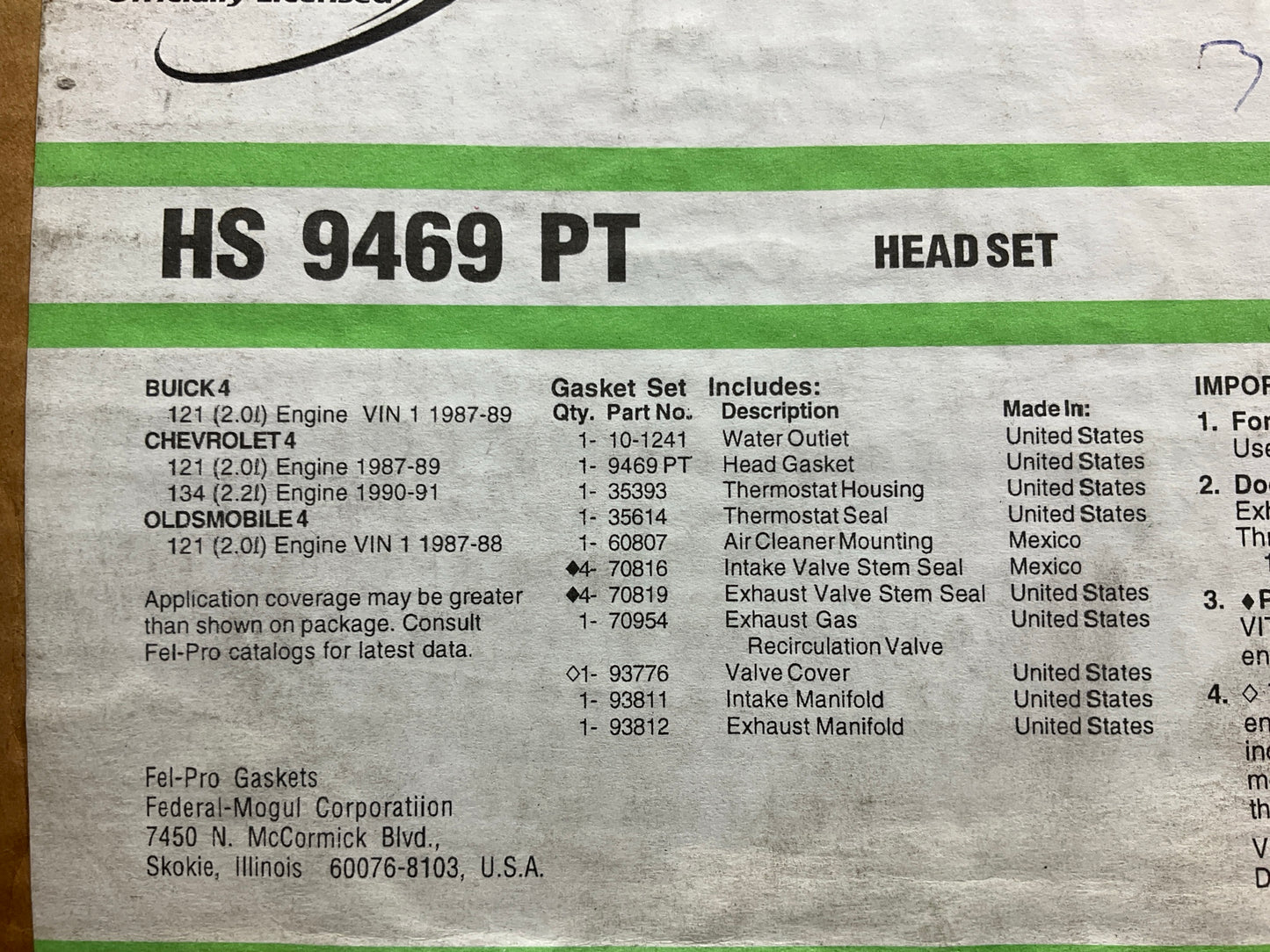 FEL-PRO HS9469PT Cylinder Head Gasket Set 87-91 Buick Chevy Oldsmobile 2.0L 2.2L
