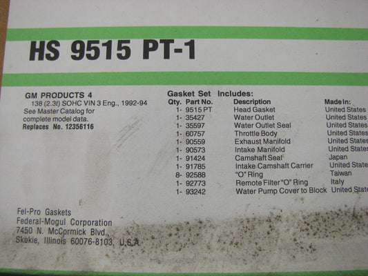 Fel-pro HS9515PT1 Cylinder Head Gasket Set 1992-94 Buick Olds Pontiac 2.3L N/A