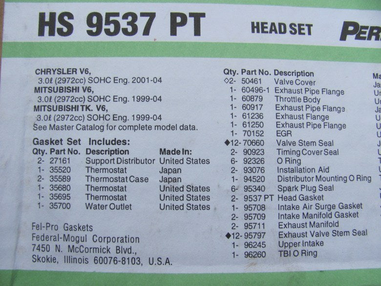 Fel-pro HS9537PT Cylinder Head Gasket Set For 99-05 Chrysler Mitsubishi 3.0L-V6