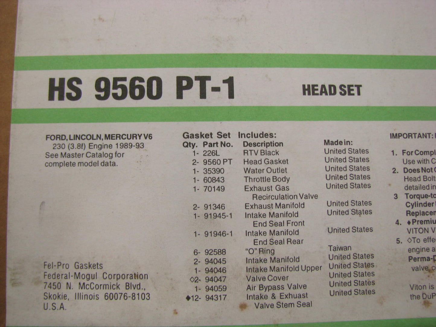 Fel-Pro HS9560PT1 Cylinder Head Gasket Set 1989-93 Ford Mercury Lincoln 3.8L V6