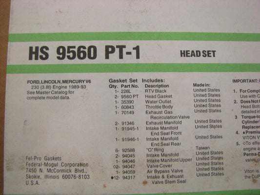 Fel-Pro HS9560PT1 Cylinder Head Gasket Set 1989-93 Ford Mercury Lincoln 3.8L V6