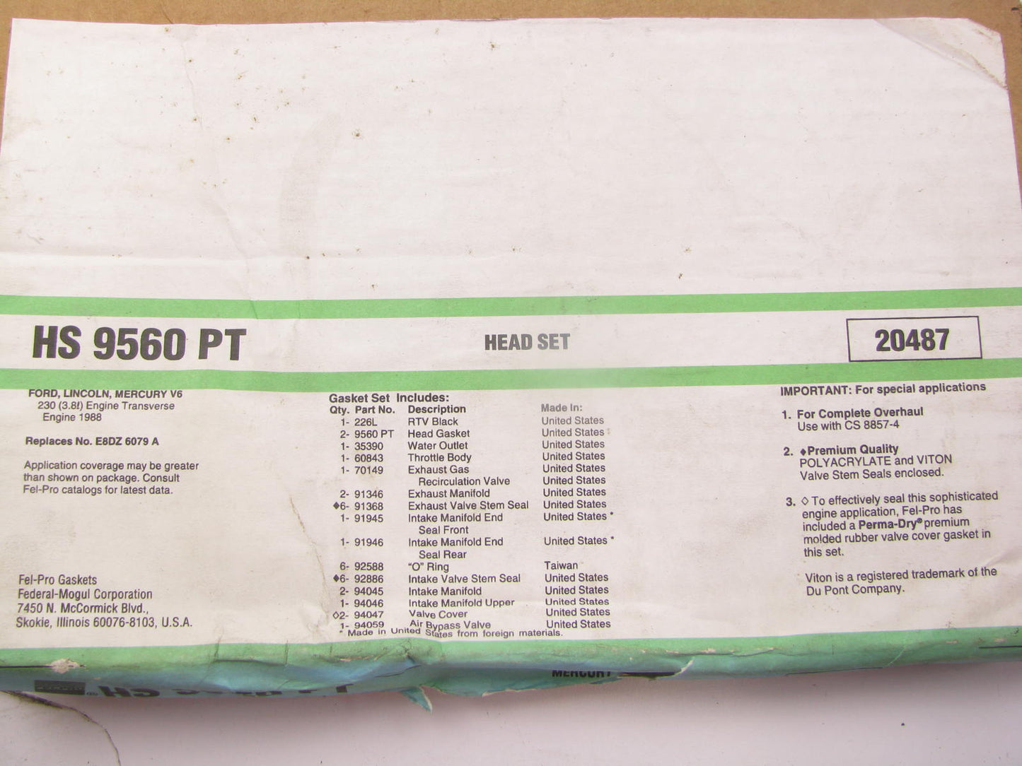 Fel-pro HS9560PT Engine Cylinder Head Gasket Set For 1988 Ford Mercury 3.8L