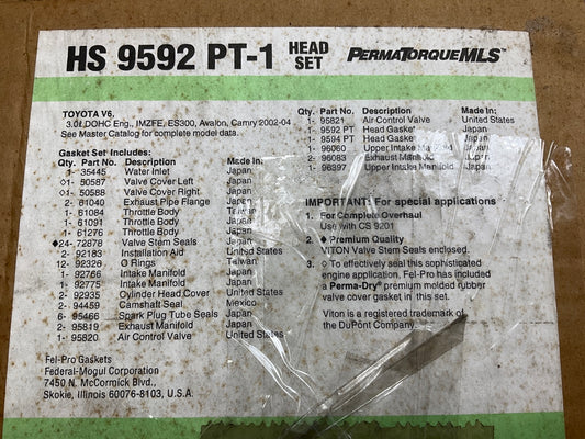 Fel-pro HS9592PT-1 Cylinder Head Gasket Set 2002-06 Toyota 2002-03 Lexus 3.0L V6