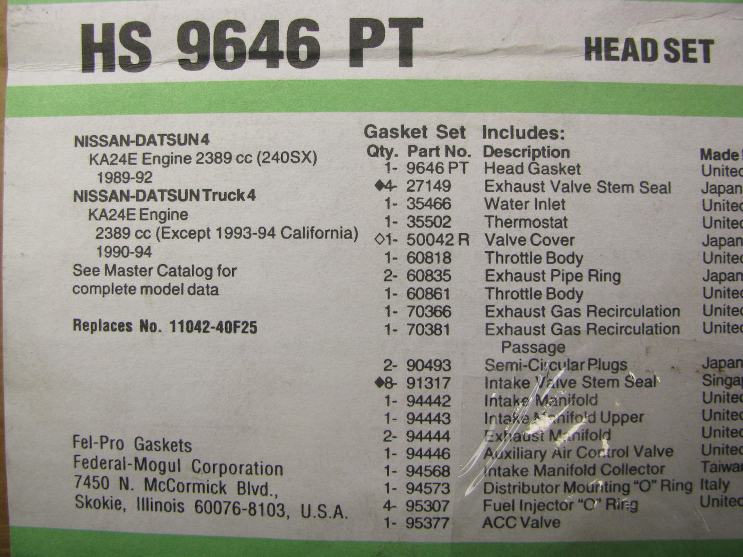Fel-pro HS9646PT Engine Cylinder Head Gasket Set For 1990-1994 Nissan D21 2.4L
