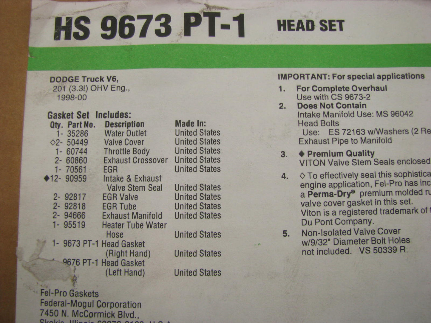 Fel-pro HS9673PT1 Cylinder Head Gasket Set For 1998-2000 Chrysler 3.3L-V6