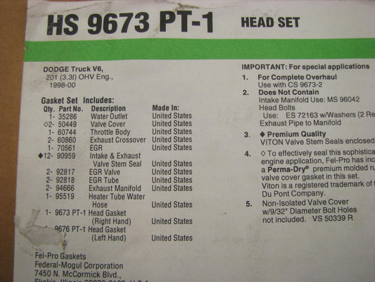 Fel-pro HS9673PT1 Cylinder Head Gasket Set For 1998-2000 Chrysler 3.3L-V6