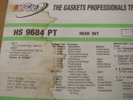 Fel-pro HS9684PT Engine Cylinder Head Gasket Set For 1990-1993 Geo Isuzu 1.6L