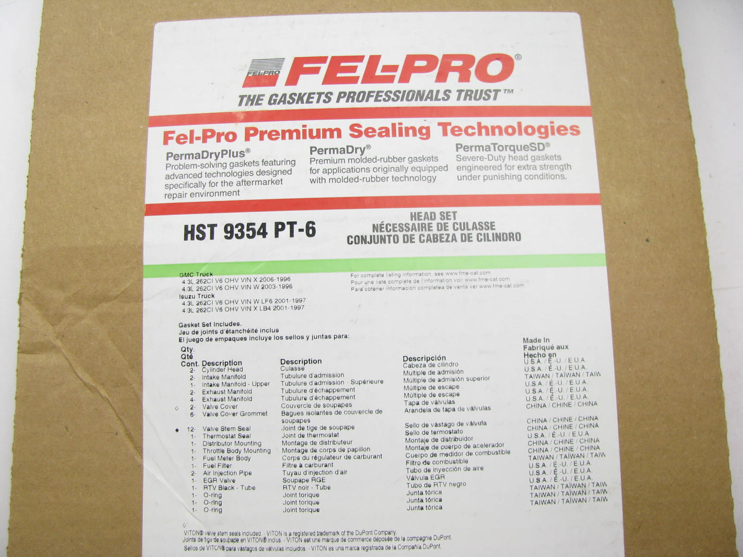 Fel-pro HST9354PT-6 Cylinder Head Gasket Set 1996-2006 Chevrolet GMC 4.3L-V6