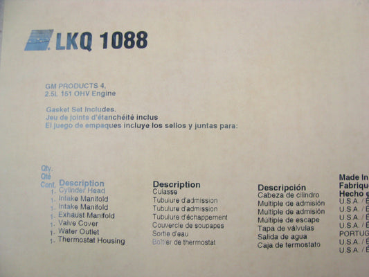 COMES AS SHOWN Fel-pro LKQ1088 Engine Cylinder Head Gasket Set 1980-1993 GM 2.5L