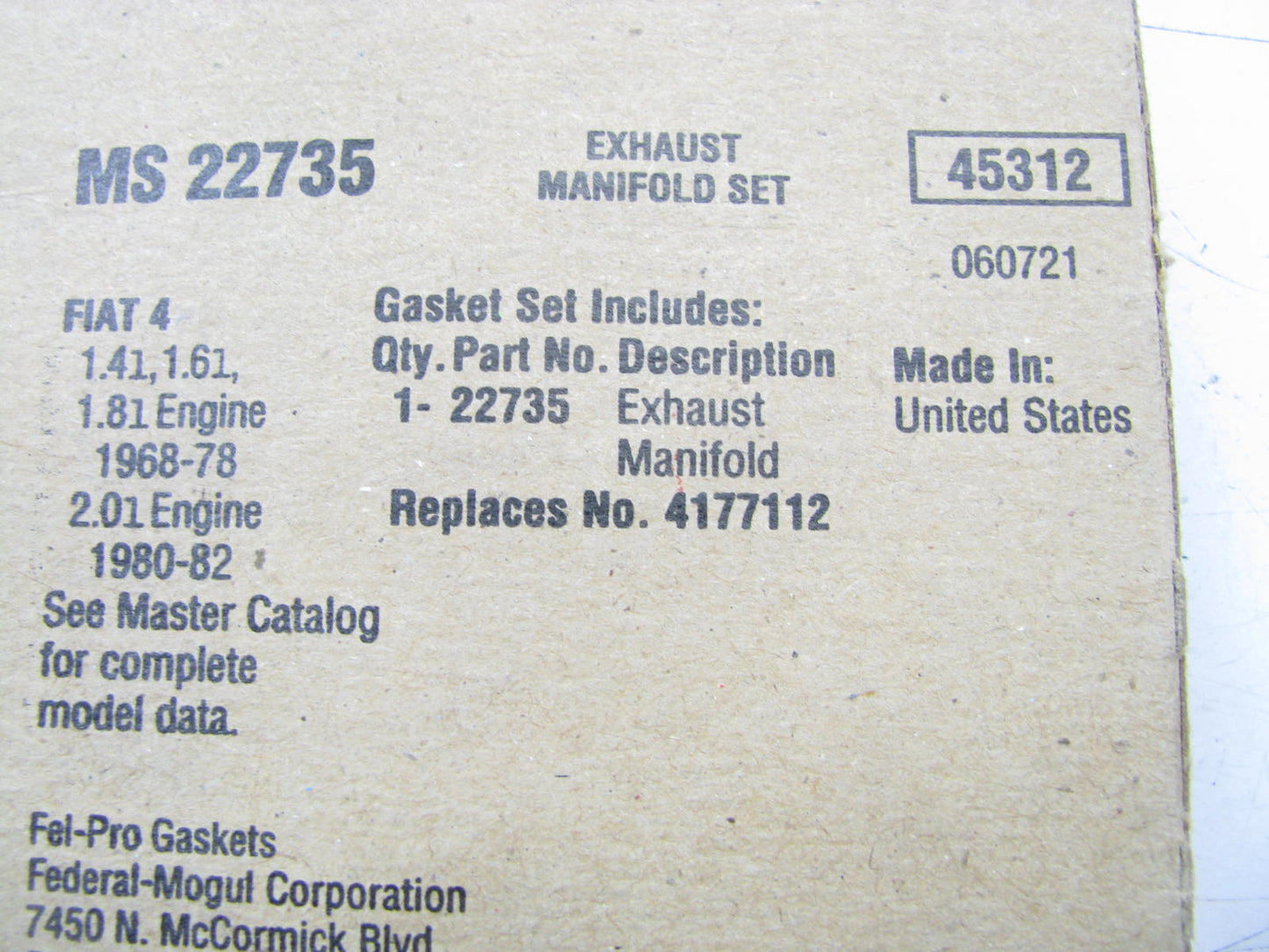 Fel-pro MS22735 Exhaust Manifold Gasket For 1968-1982 Fiat 1.4L 1.6L 1.8L-L4