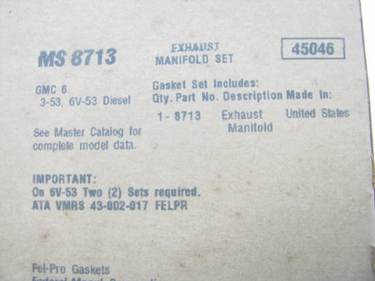 Fel-pro MS8713 Engine Exhaust Manifold Gasket 1965-1970 Chevrolet GMC 159 Diesel