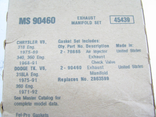Fel-pro MS90460 Exhaust Gasket Set For 1968-1992 Chrysler 318 340 360