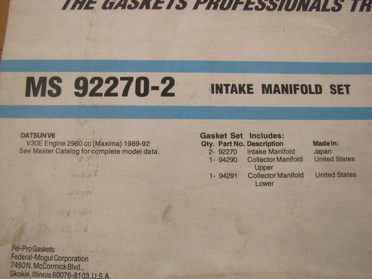 Fel-pro MS92270-2 Intake Manifold LOWER Gasket Set For 1989-1994 Nissan Maxima