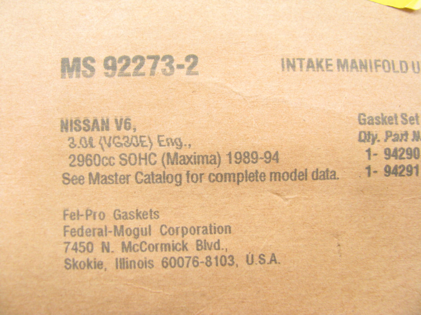Fel-Pro MS92273-2 UPPER Fuel Injection Plenum Gasket Set For 1989-94 Nissan 3.0L