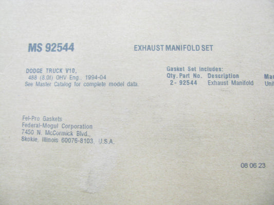 Fel-pro MS92544 Exhaust Manifold Gasket Set For 1994-03 Ram 2500 3500 8.0L V10