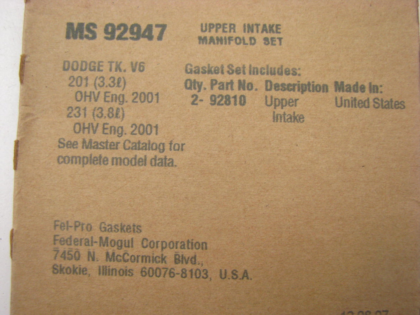 FEL-PRO MS92947 Fuel Injection Plenum Upper Gasket For 2001 Chrysler 3.8L V6