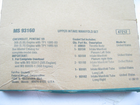 Fel-Pro MS93160 UPPER Fuel Injection Plenum Gasket Set 85-92 Chevy 305 350 V8