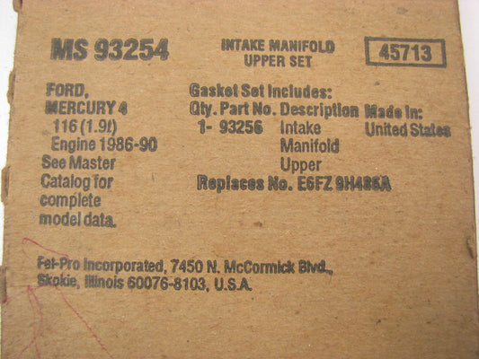 Fel-Pro MS93254 UPPER Fuel Injection Plenum Gasket 1987-90 Ford 1.9L I4 SOHC
