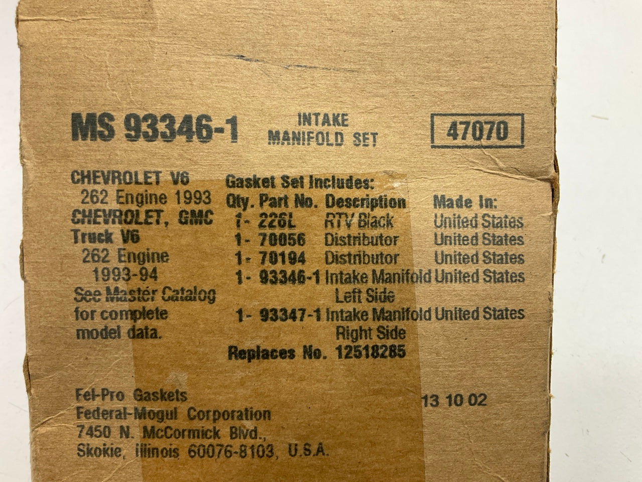 Fel-Pro MS93346-1 Intake Manifold Gasket Set 1993-96 Chevrolet GMC 4.3L V6
