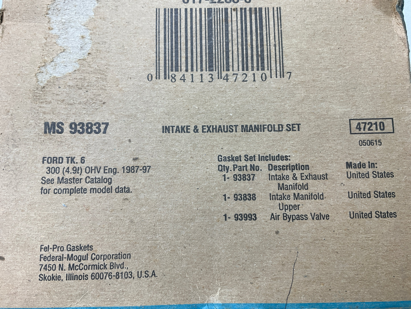 FEL-PRO MS93837 Intake Exhaust Manifold Gasket For 1987-1996 Ford 300 4.9L
