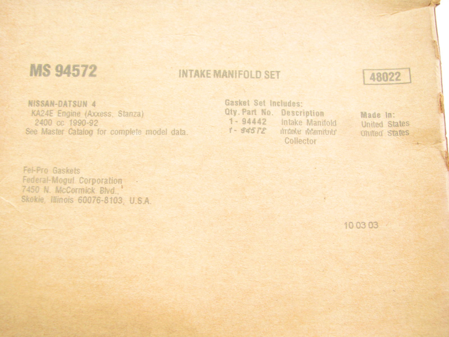 Fel-Pro MS94572 Intake Manifold Gasket Set For 1990-92 Nissan 2.4L I4