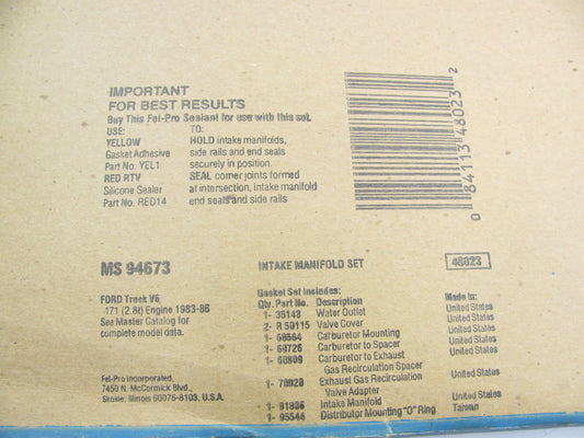 Fel-pro MS94673 Engine Intake Manifold Gasket - 1983-1986 Ford 2.8L Cologne V6
