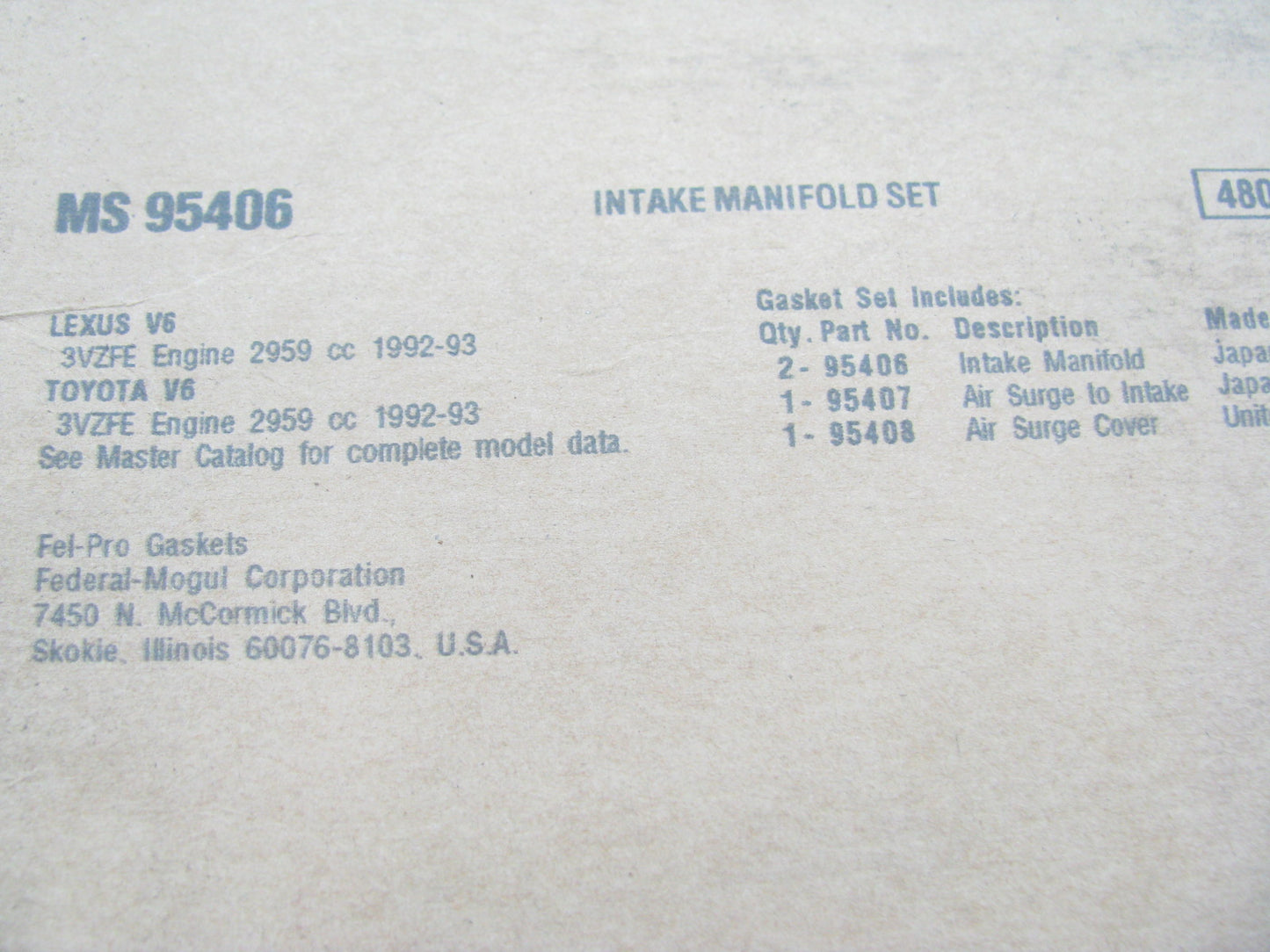 Fel-pro MS95406 Engine Intake Manifold Gasket Set 1992-93 Lexus, Toyota 3.0L V6