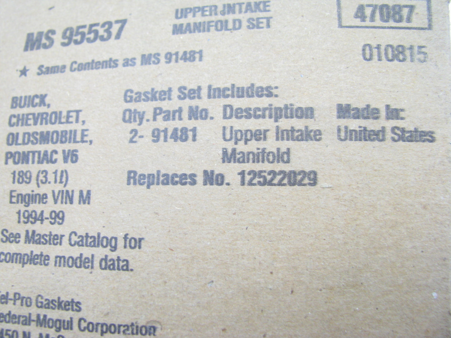 FEL-PRO MS95537 Engine Intake Manifold Upper Gasket Set - 93-99 GM 3.1L V6 OHV