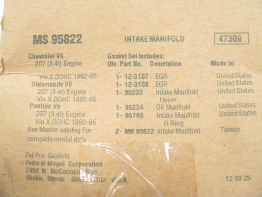 Fel-pro MS95822-TYPE2 Intake Manifold Gasket Set For 1991-1995 GM 3.4L-V6