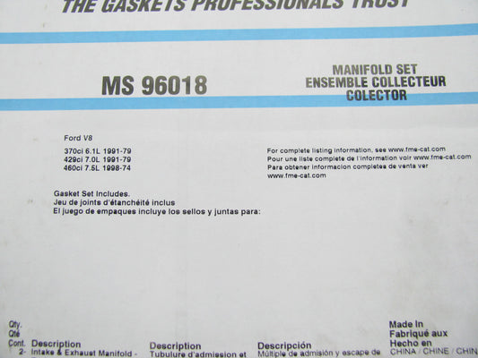 Fel-Pro MS96018 Intake Manifold Valley Pan Gasket Set 74-97 Ford Lincoln 460-V8