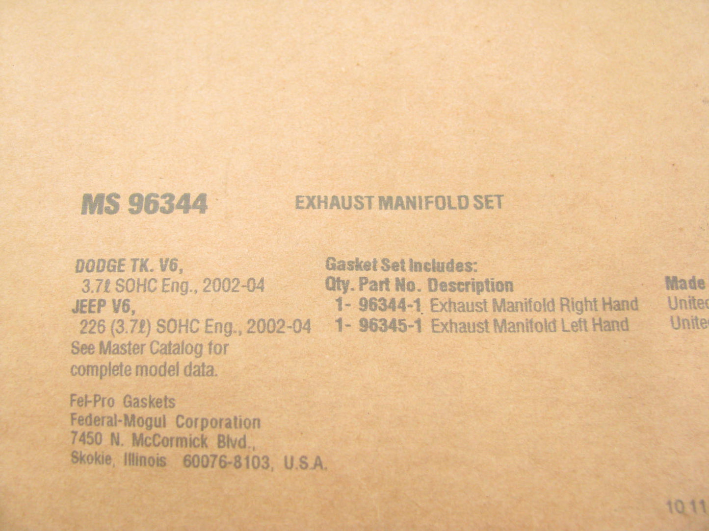 Fel-Pro MS96344 Exhaust Manifold Gasket Set For 2002-06 Dodge Mitsubishi 3.7L V6