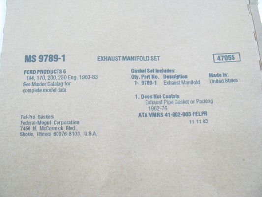 Fel-pro MS9789-1 Exhaust Manifold Gasket Set 1962-1974 Ford 144 170 200 250-L6