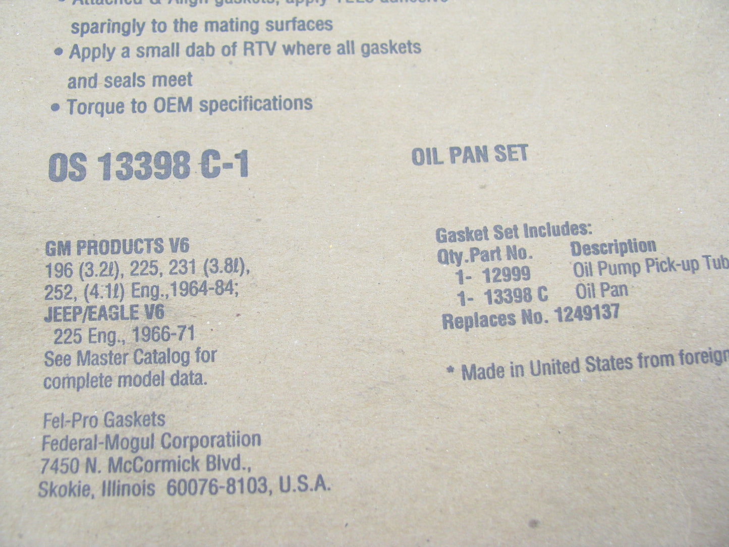 Fel-Pro OS13398C1 Engine Oil Pan Gasket Set 1964-84 Buick Pontiac 225 231 252 V6