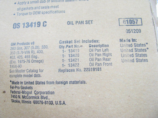 Fel-pro OS13419C Engine Oil Pan Gasket - Oldsmobile Olds 400 425 455 V8