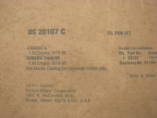 Fel-pro OS20107C Engine Oil Pan Gasket For 1976-1980 Subaru 1.6L-H4