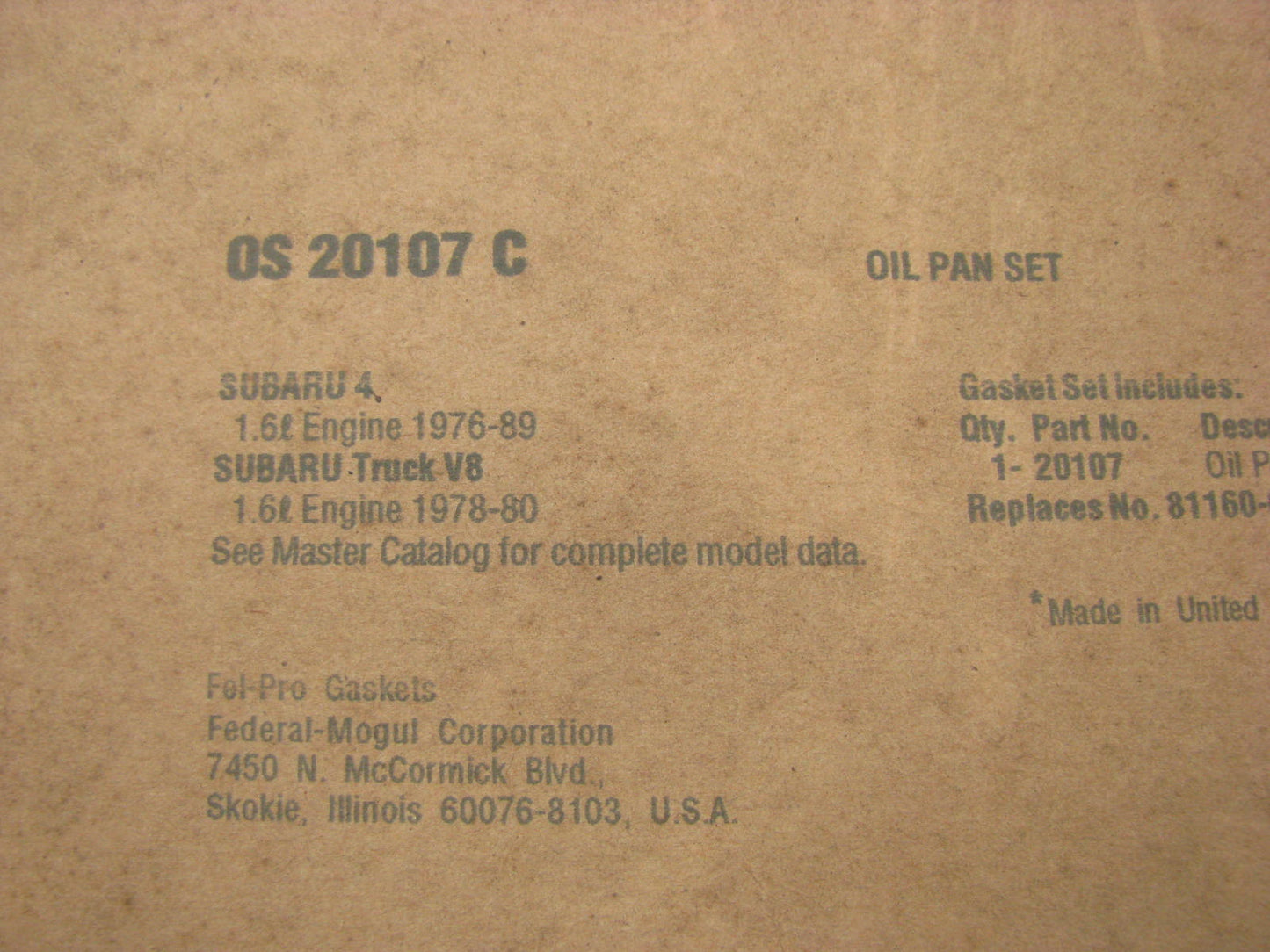 Fel-pro OS20107C Engine Oil Pan Gasket For 1976-1980 Subaru 1.6L-H4