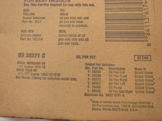 Fel-Pro OS30271C Engine Oil Pan Gasket Set 72-86 Ford Mercury 2.6L 2.8L 2.9L V6